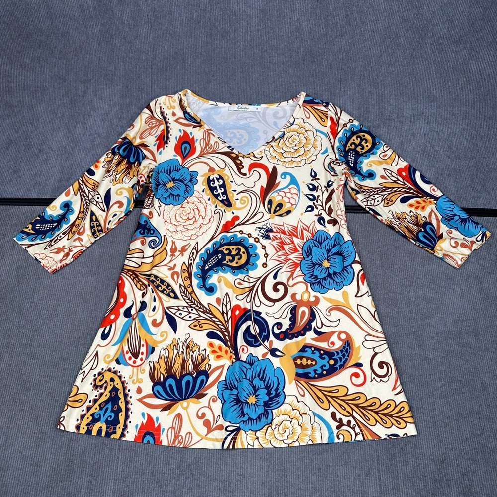 Sakurafina Floral Paisley V-Neck Tunic Top 3/4 Sleeve Boho Multi Color Small Y2k